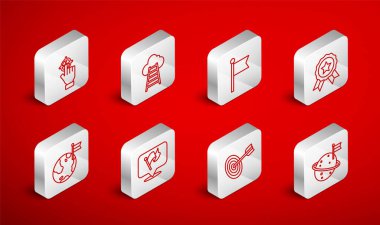 Ay hattını bayrak, merdiven bitirme, bayrak, madalya, hedef ve gezegen ikonu ile ayarlayın. Vektör