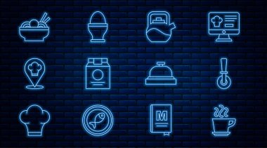 Sabit hat kahve fincanı, pizza bıçağı, saplı kettle, online sipariş teslimatı, şef şapkası konumu, Asya erişte kasesi, otel servis zili ve tavuk yumurtası ikonu. Vektör