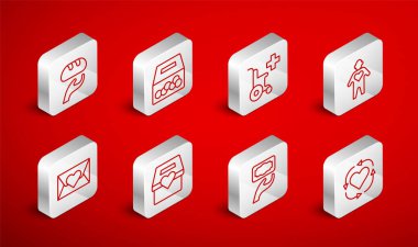 Gönüllü, Bağış ve Yardım Hattı Engelliler için Tekerlekli Sandalye, Yemek ve Kalp ikonlu Zarf. Vektör