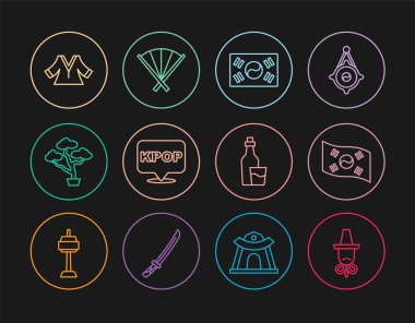 Kore şapkası, Güney bayrağı, K-pop, Bonsai ağacı, Kimono, Soju şişesi ve geleneksel hayran ikonu. Vektör