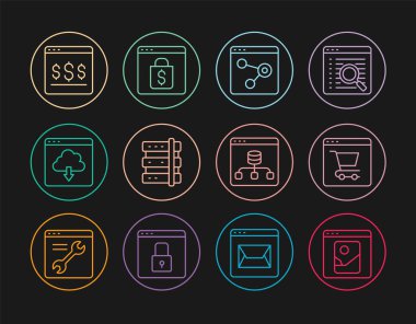 Satır Fotoğraf rötuşlama, çevrimiçi alışveriş ekranda, Tarayıcı penceresi, Sunucu, Bulut indirme, Data ve simge. Vektör