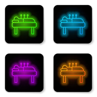 Parlayan neon hattı akupunktur terapi ikonu beyaz arka planda izole edildi. Çin ilacı. Holistik ağrı kontrol tedavileri. Siyah kare düğme. Vektör.