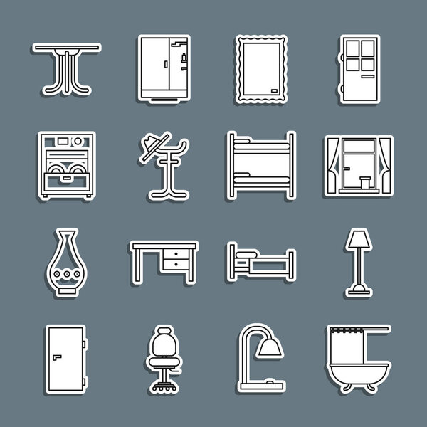 Set line Bathtub with shower curtain, Floor lamp, Window curtains, Picture, Coat stand, Kitchen dishwasher machine, Round table and Bunk bed icon. Vector