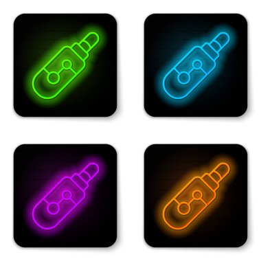 Parlayan neon hattı elektronik sigara ikonu beyaz arka planda izole edildi. Tüttürme aleti. Buharlaştırıcı Cihaz. Siyah kare düğme. Vektör