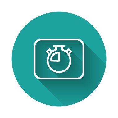 Beyaz çizgi Stopwatch simgesi uzun gölge arkaplanı ile izole edildi. Zaman göstergesi. Kronometre işareti. Yeşil daire düğmesi. Vektör