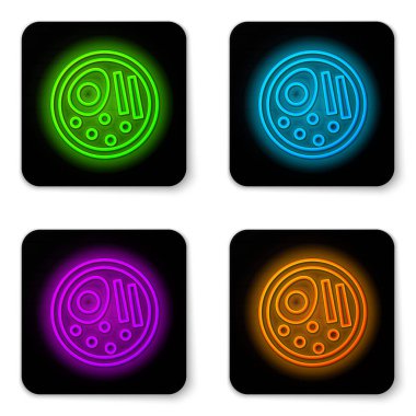 Glowing neon line Ramen soup bowl with noodles icon isolated on white background. Bowl of traditional asian noodle soup. Black square button. Vector