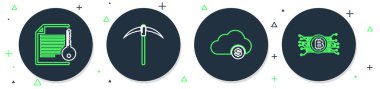 Çizgi Kazma, Kripto para birimi bulut madenciliği, Akıllı sözleşme ve bitcoin devre ikonu. Vektör