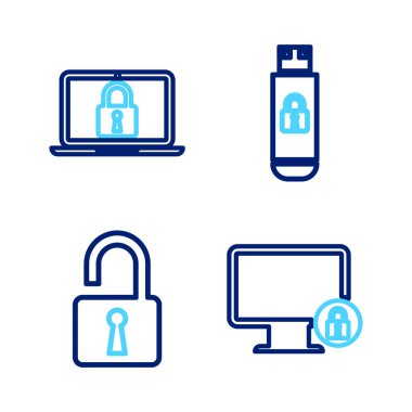 Hat kilidini monitöre ayarla, asma kilidi aç, USB flash diski ve dizüstü bilgisayarı ve simgesini kullan. Vektör