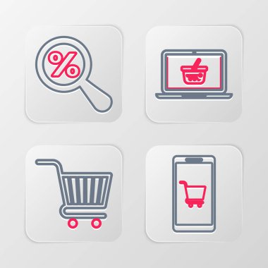 Cep telefonu, alışveriş arabası, alışveriş sepetini dizüstü bilgisayara ve yüzde ikonlu büyüteçlere ayarla. Vektör