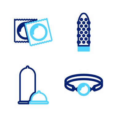 Set line Silicone ball gag, Condoms safe sex, Dildo vibrator and in package icon. Vector