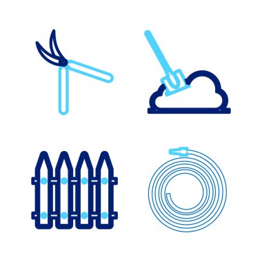 Hortum, yangın hortumu, çit, yere kürek ve el yapımı makas simgesi koyun. Vektör