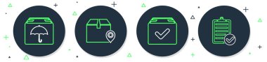 Satır konumunu karton kutu, paket kontrol işareti, teslimat paketi şemsiyesi ve dağıtım listesi simgesinin doğrulanması ile ayarla. Vektör