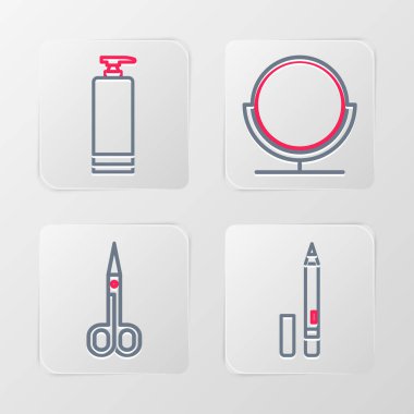 Göz kalemi, kaş, makas, yuvarlak makyaj aynası ve krem kozmetik tüp ikonu. Vektör