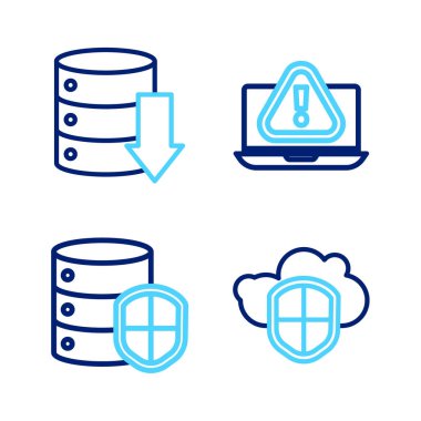 Satır Cloud ve Shield, Laptop ünlem işaretli sunucu ve sunucu, Data, Web sunucu simgesini ayarla. Vektör