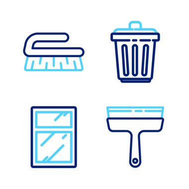 Pencereler için çizgi temizleyiciyi, temizlik servisini, çöp tenekesini ve fırça temizleme ikonunu ayarla. Vektör