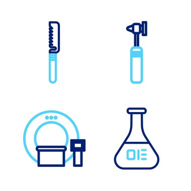 Test tüpü ve matara, tomografi, tıbbi otoskop aleti ve testere ikonu ayarla. Vektör