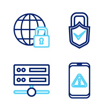 Satır Mobil 'i ünlem işareti, Sunucu, Data, Web Sunucusu, Kilitle ve Kontrol et ve Küresel kilitleme simgesi ile ayarla. Vektör