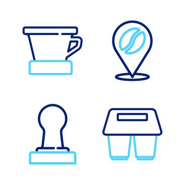 Set line Coffee cup to go, tamper, Location with coffee bean and V60 maker icon. Vector clipart