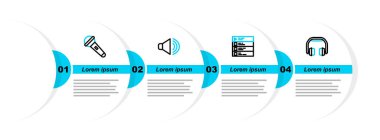 Set hattı kulaklıkları, müzik listesi, hoparlör sesi ve mikrofon simgesi. Vektör