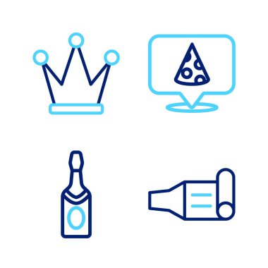 Doğum günü kornası, şampanya şişesi, pizza dilimi ve taç ikonu. Vektör