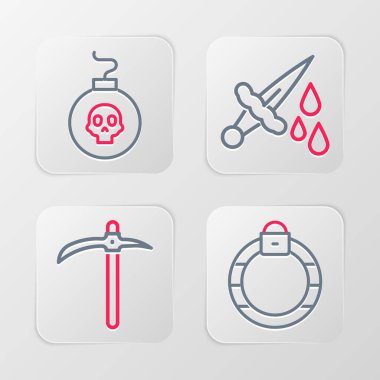 Sihirli taş yüzük, kazma, kanlı kılıç ve bomba patlamaya hazır ikon. Vektör