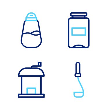 Mutfak kepçesi, el yapımı kahve öğütücüsü, reçel kavanozu ve tuz ikonu. Vektör