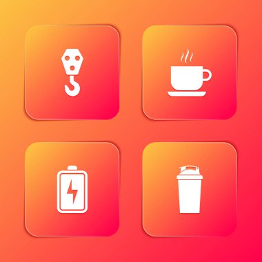 Endüstriyel kanca, kahve fincanı, pil ve fitness karıştırıcı ikonu. Vektör.