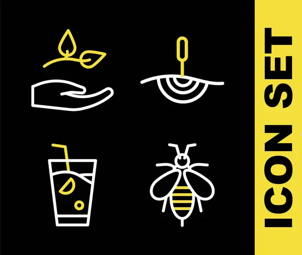 Set line Acupuncture therapy, Bee, Fresh smoothie and Leaf in hand icon. Vector
