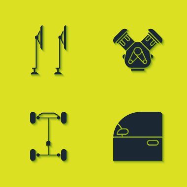 Sileceği, araba kapısını, Chassis arabasını ve motor simgesini ayarla. Vektör.