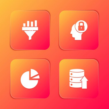 Satış hunisini grafikle, insan kafa kilidiyle, pasta bilgisini ve sunucuyu ayarla, Data, Web sunucu simgesi. Vektör.