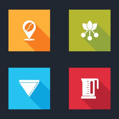 Kahve çekirdeği, kahve çekirdeği, dal, kağıt filtresi ve elektrikli su ısıtıcısı ikonu ile yer belirleyin. Vektör.