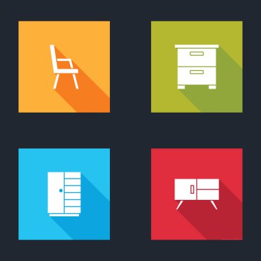 Koltuk, mobilya sehpası, gardırop ve çekmece simgesi. Vektör.