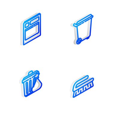 Çöp tenekesi, bulaşık makinesi, çöp torbası ve temizlik ikonu için fırça ayarlayın. Vektör.