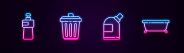 Bulaşık deterjanı, çöp tenekesi, temizlik malzemesi ve küvet için şişe ayarlayın. Parlayan neon ikonu. Vektör.