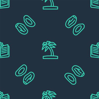 Tropikal palmiye ağacı, hurma meyvesi ve Kuran 'ın kutsal kitabını kusursuz desenlere göre ayarla. Vektör