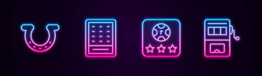 At nalı, piyango bileti, online poker masası oyunu ve kumar makinesi. Parlayan neon ikonu. Vektör