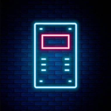 Parlayan neon hattı Polis saldırı kalkanı ikonu tuğla duvar arkasında izole edildi. Renkli taslak konsepti. Vektör