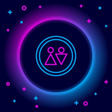 Parlayan neon hattı tuvalet ikonu siyah arkaplanda izole edildi. Tuvalet tabelası. Lavaboda. Renkli taslak konsepti. Vektör