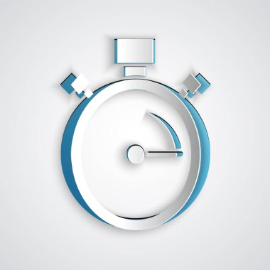 Kağıt kesiği Kronometre simgesi gri arkaplanda izole edildi. Zaman göstergesi. Kronometre işareti. Kağıt sanatı tarzı. Vektör.