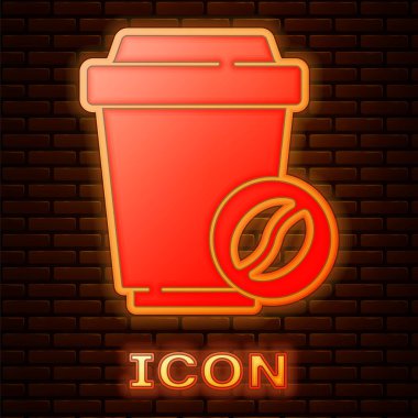 Parlayan neon kahve fincanı tuğla duvar arkasında izole edilmiş bir ikon haline gelecek. Vektör.