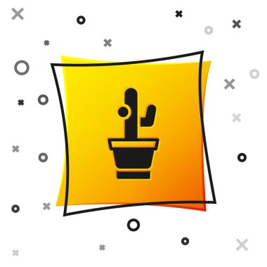 Siyah Kaktüs ve beyaz arka planda izole edilmiş tencere simgesinde sulu. Tencerede yetişen bir bitki. Saksı bitkisi işareti. Sarı kare düğme. Vektör