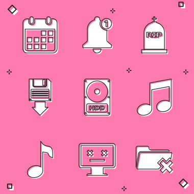 Takvim, Bell ve Tombstone 'u RIP yazılı olarak ayarla, Disket yedekleme, Hard disk HDD ve Müzik notası, simge. Vektör