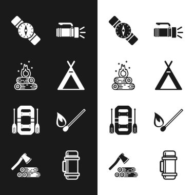 Turist çadırı, kamp ateşi, pusula, el feneri, rafting botu, yanan kibrit, termos konteynırı, tahta balta ve ahşap ikon. Vektör