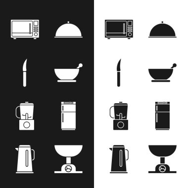 Havan topu, tokmak, bıçak, mikrodalga fırın tepsi, blender, buzdolabı, elektronik pullar ve kettle tutacağı ikonu ile kaplı. Vektör