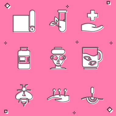 Fitness hasırı rulosu, laboratuvar camı ve yaprakları, Cross hastanesi medikal, Collagen serumu, yüz estetik maskesi, bir fincan çay yaprağı, Arı ve Akupunktur terapi ikonu. Vektör