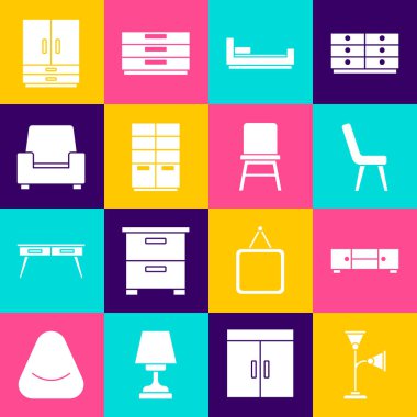 Döşeme lambası, çekmece sandığı, Kol sandalyesi, yatak, gardırop ve sandalye ikonu. Vektör