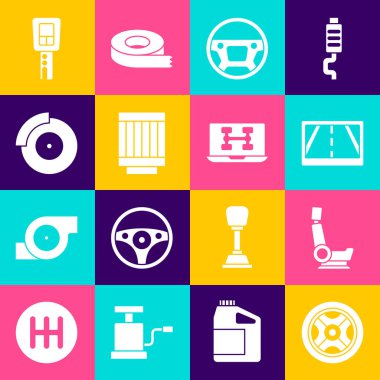 Araba tekerleğini, koltuğu, GPS cihazını harita, direksiyon, hava filtresi, fren diski kalibresi, anahtar kumandası ve araba simgesinin tanısal durumunu ayarla. Vektör