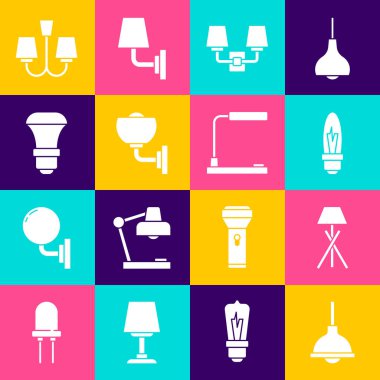 Asılan lamba, lamba, lamba, lamba, duvar lambası, LED ışığı, avize ve masa simgesi. Vektör