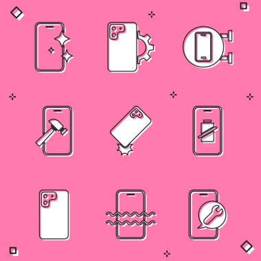 Cam ekran koruyucuyu, telefon tamir servisini, cep telefonunu, telefon şarjını ve su geçirmez ikonu ayarla. Vektör