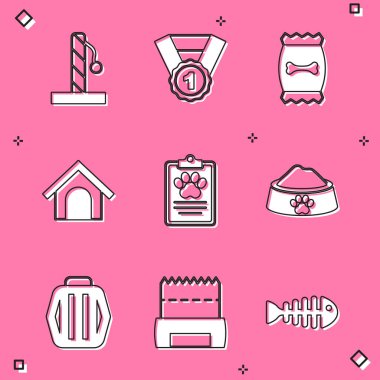 Set Cat scratching post, Dog award symbol, Bag of food for pet, house, Clinical record, Pet bowl, carry case and shit bag icon. Vector